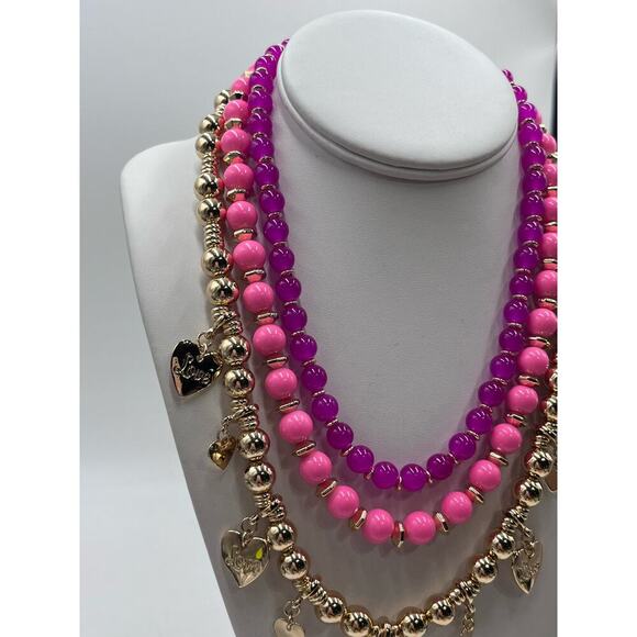Lilly Pulitzer Triple Strand PINK Beaded GOLD HEART CHARM Love Necklace New - Picture 6 of 13